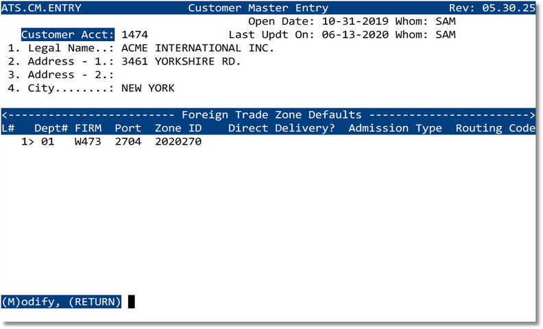 Customer Master - FTZ defaults