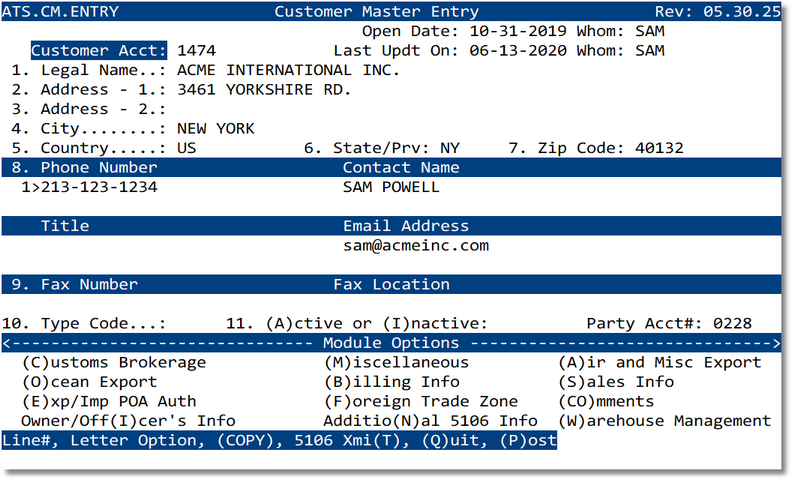 Customer Master Entry - Main screen