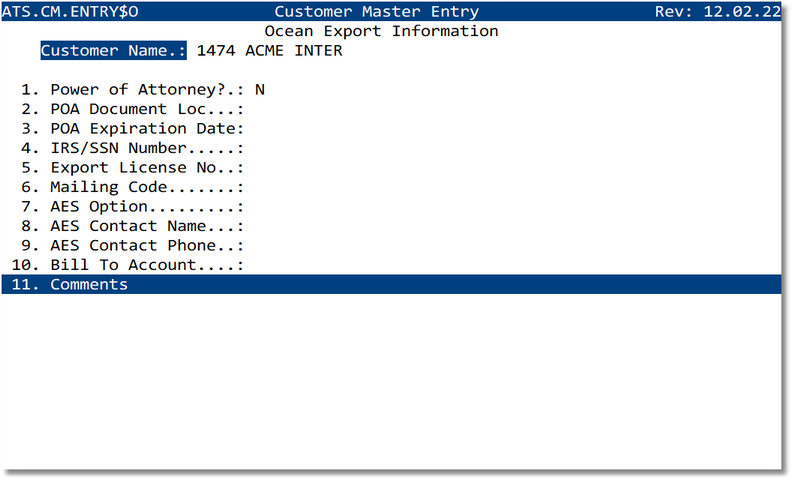 Customer Master - Ocean Export information
