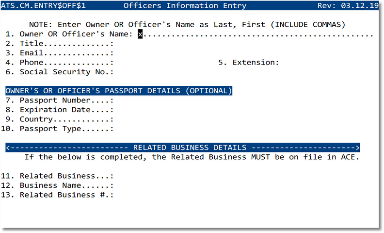 Officers Information Entry screen