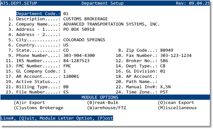 Department Setup main screen