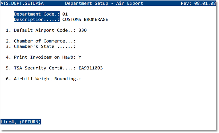 Department Setup — Air Export