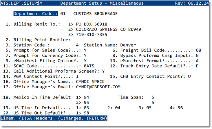 Department Setup — Miscellaneous