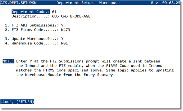 Department Setup — Warehouse/FTZ