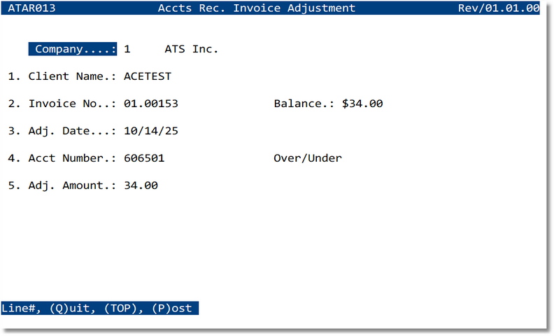 AR Invoice Adjustment screen