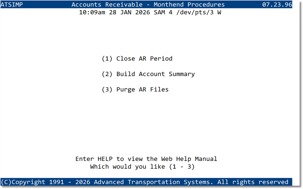 Accounts Receivable - Monthend Procedures Menu