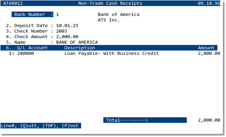 Non‑Trade Cash Receipts screen