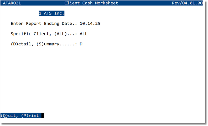 Client Cash Worksheet selection screen