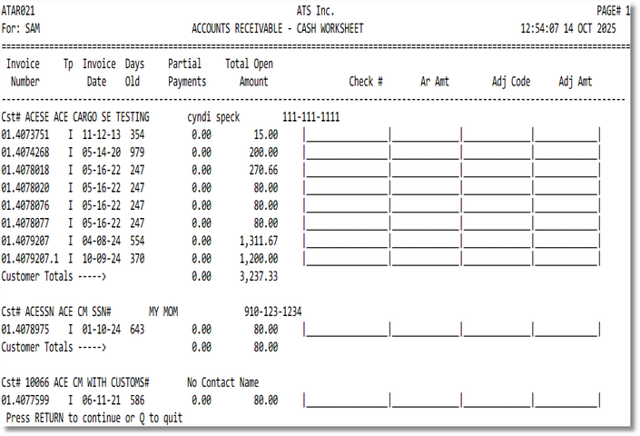 Sample Cash Worksheet report