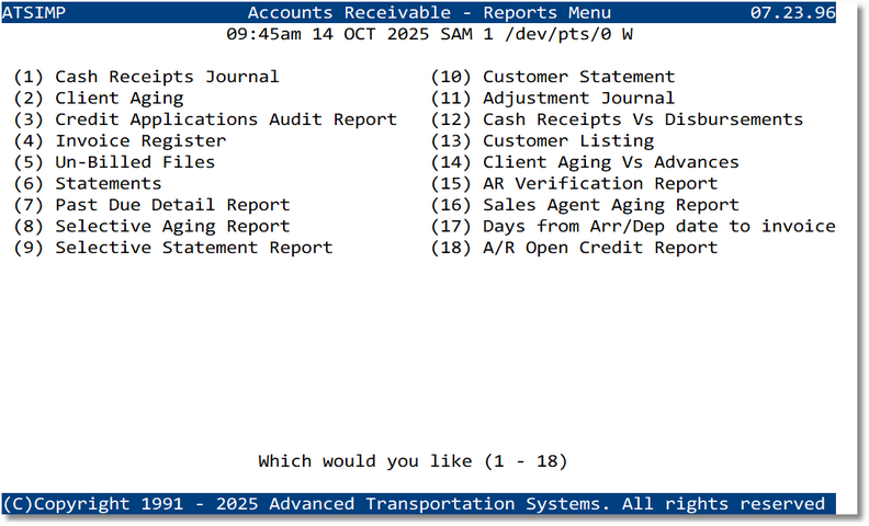 Accounts Receivable Reports Menu