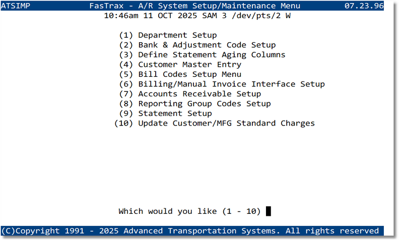 Accounts Receivable Setup & Maintenance Menu