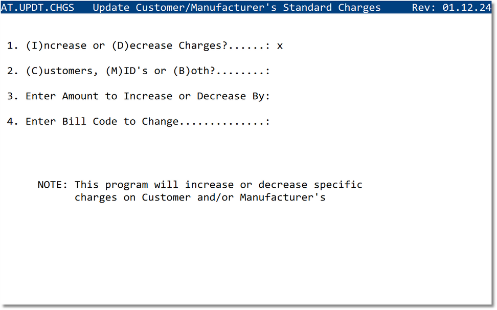 Update Customer/Manufacturer Standard Charges