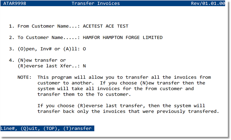 Transfer Invoices screen