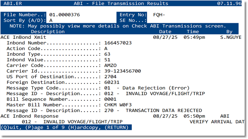 ABI — File Transmission Results screen