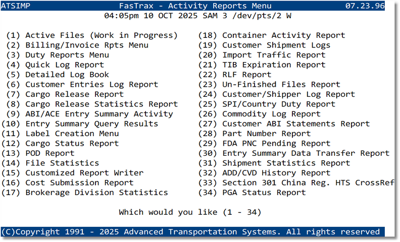 Activity Reports Menu