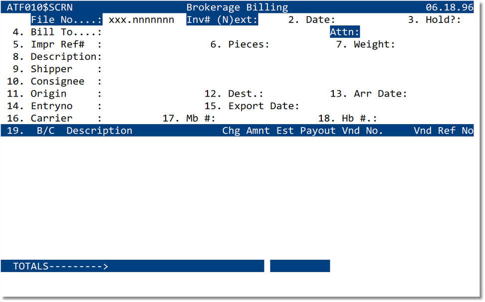 Operations Billing Invoice screen
