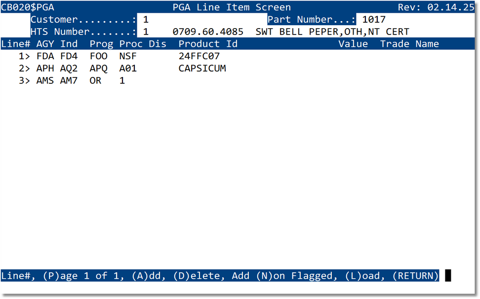 Part Number Entry - PGA Screen example
