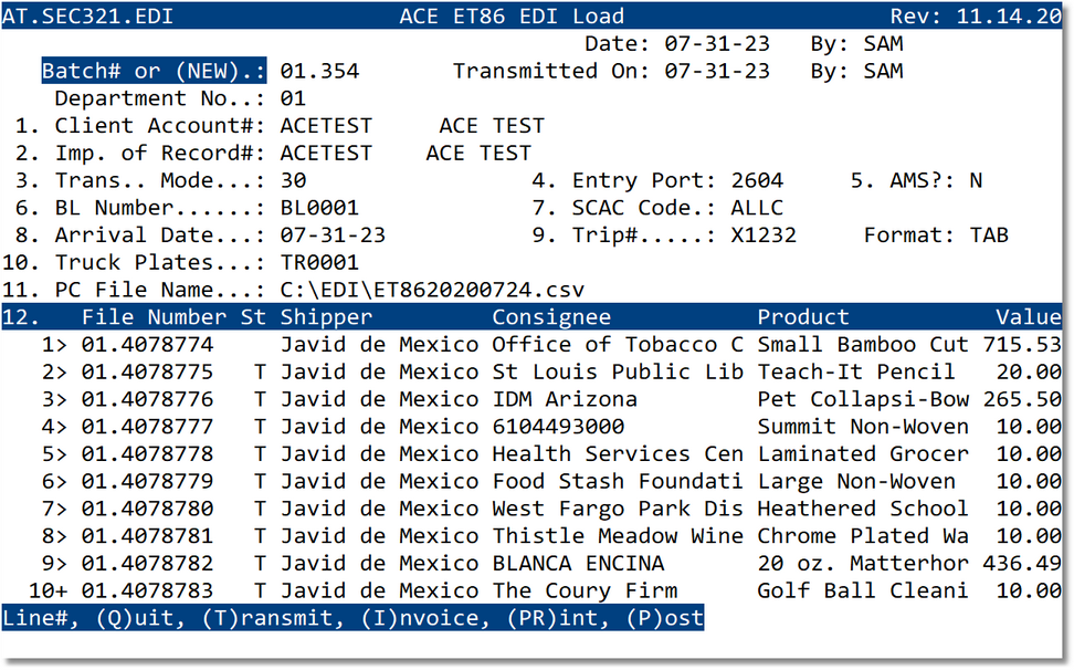 ACE ET86 EDI Load batch screen