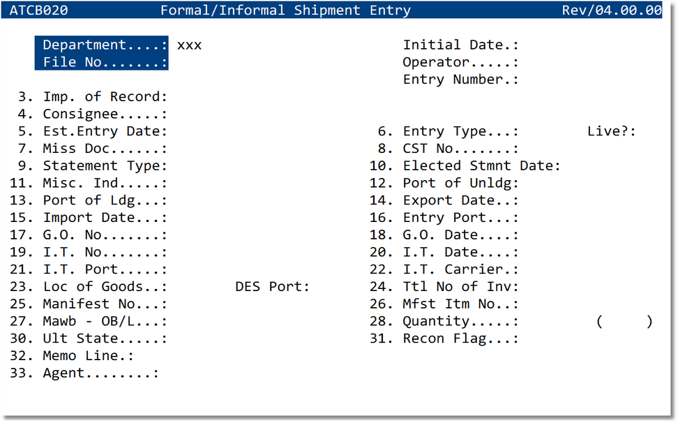 Entry Summary Header screen