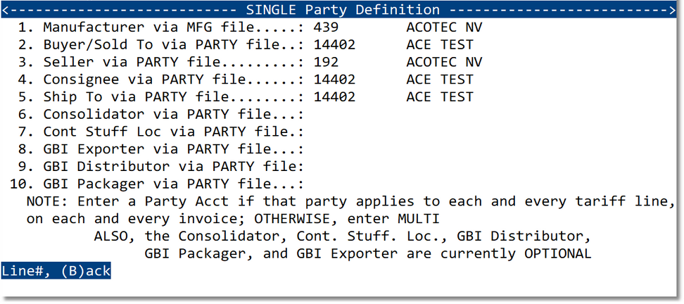 Single Party Definition screen
