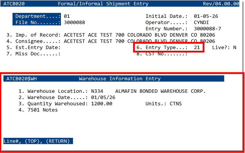 Entry Type 21 - Warehouse Information Entry