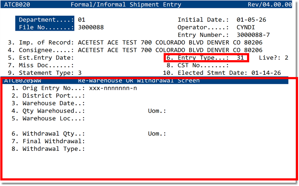 Entry Type 31 - Re-warehouse or Withdrawal