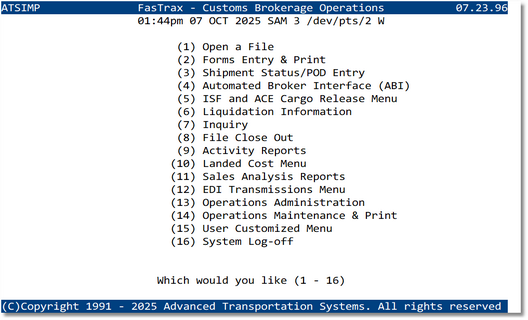 Customs Brokerage Main Menu screen