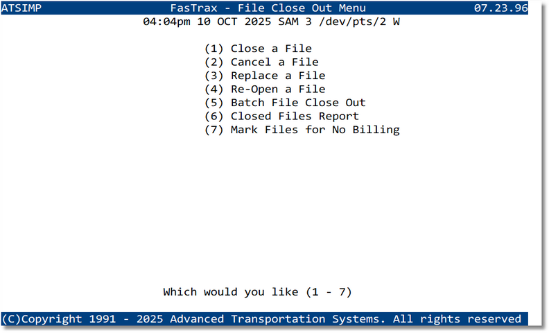 File Close-Out Menu