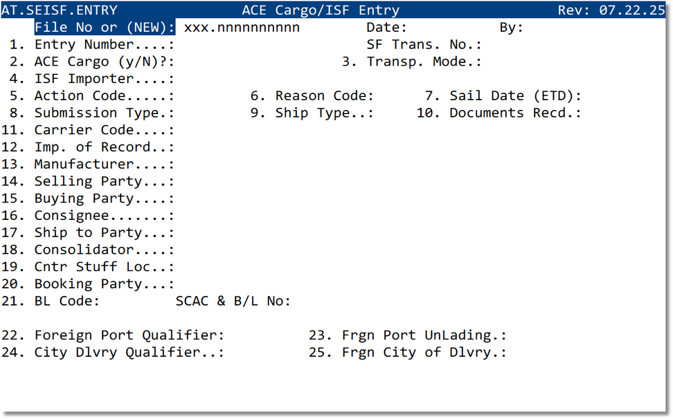 ACE Cargo/ISF Entry header screen
