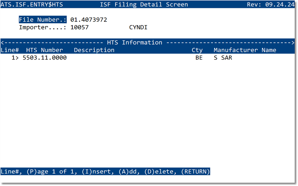 ISF Filing Detail (HTS) screen