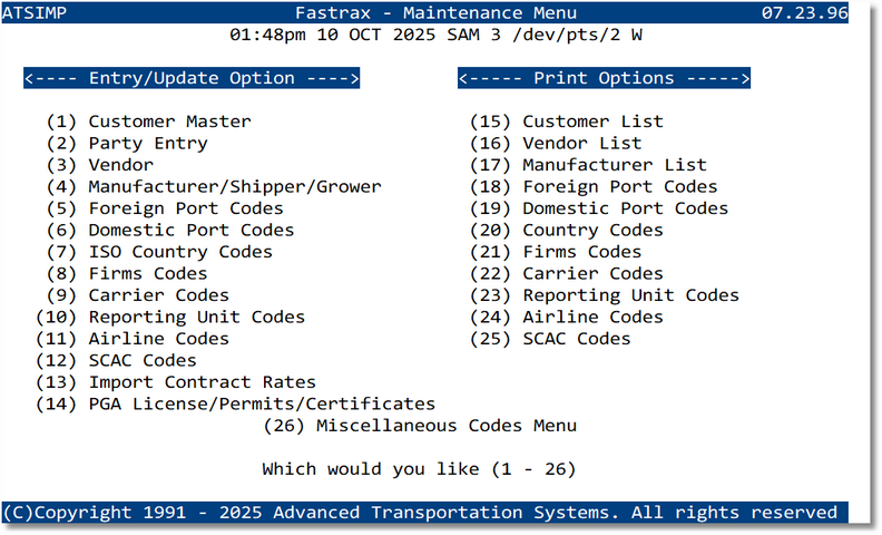 FasTrax – Maintenance Menu screenshot