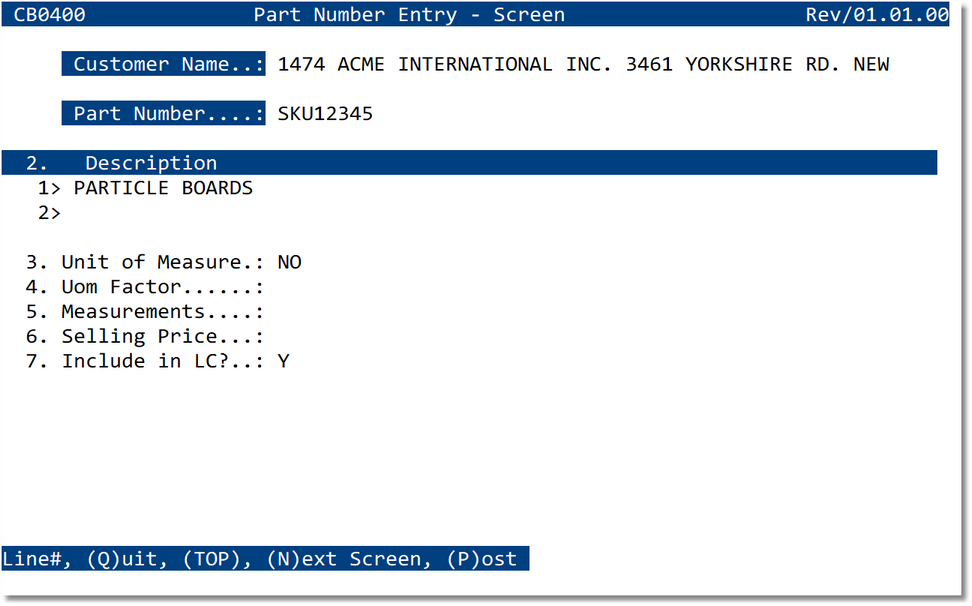 Part Number Entry - Main Screen example