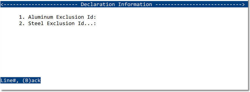 Part Number Entry - Declaration Information Screen example