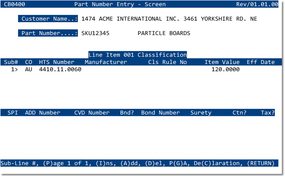 Part Number Entry - Classification Screen example