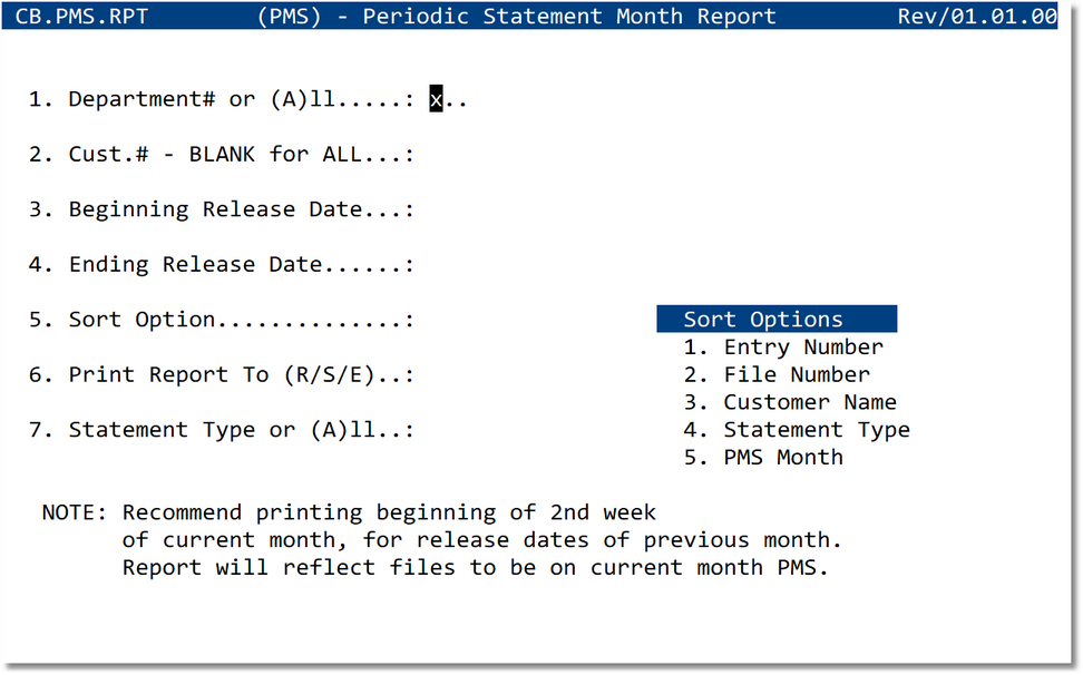 PMS Periodic Statement Month Report