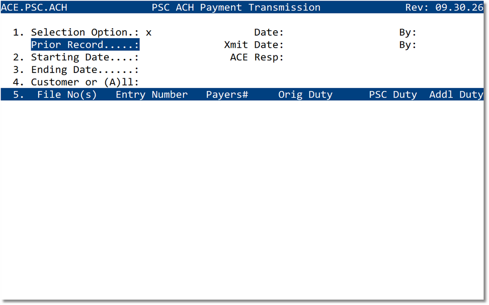 Initial PSC ACH Payment Transmission screen