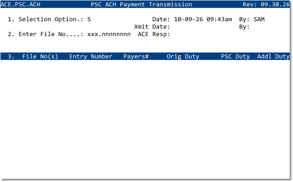 PSC ACH screen using specific file selection