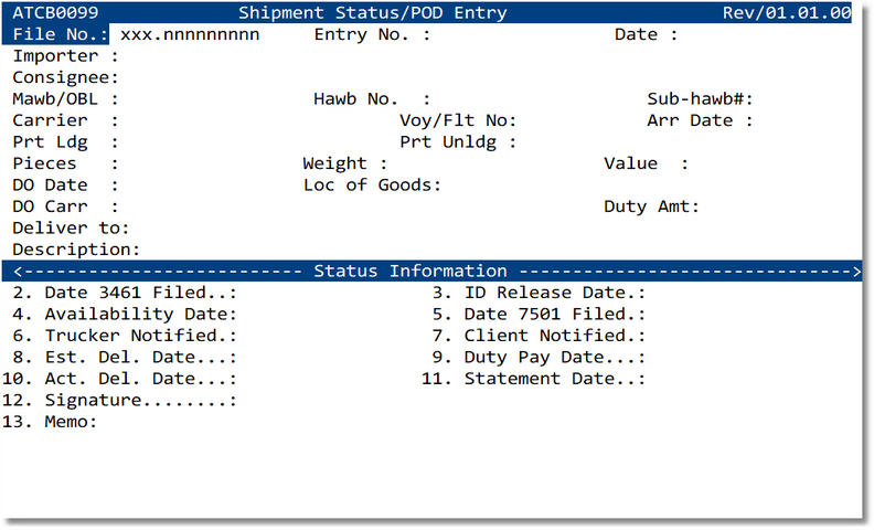 Shipment Status / POD Entry screen