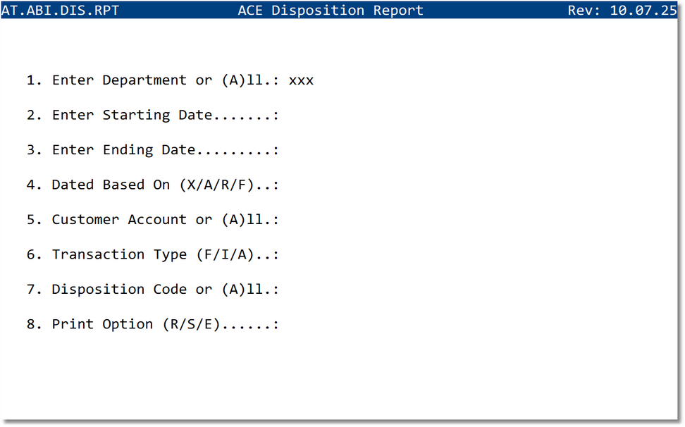 ACE Disposition Report screen