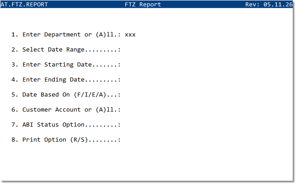 FTZ Report screen