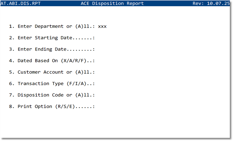 ACE Disposition Report screen
