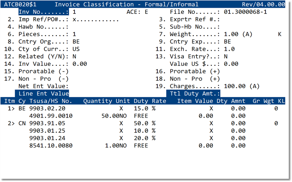 Invoice Classification line item screen
