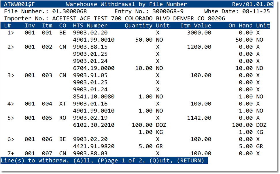 Warehouse Withdrawal by file number item selection