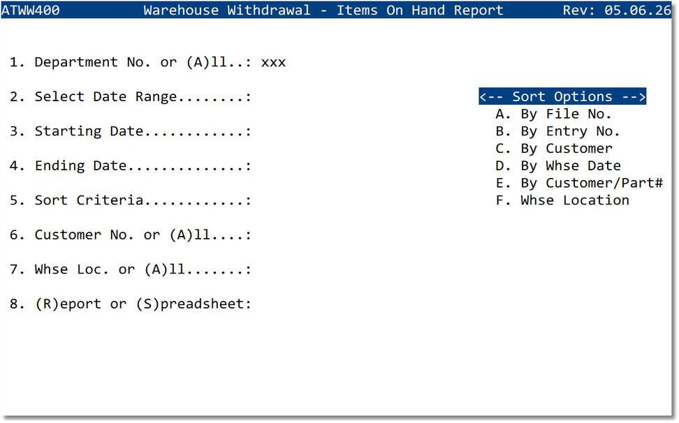 Items On Hand Report screen