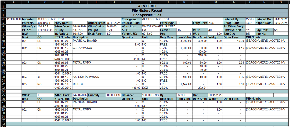 File History spreadsheet sample